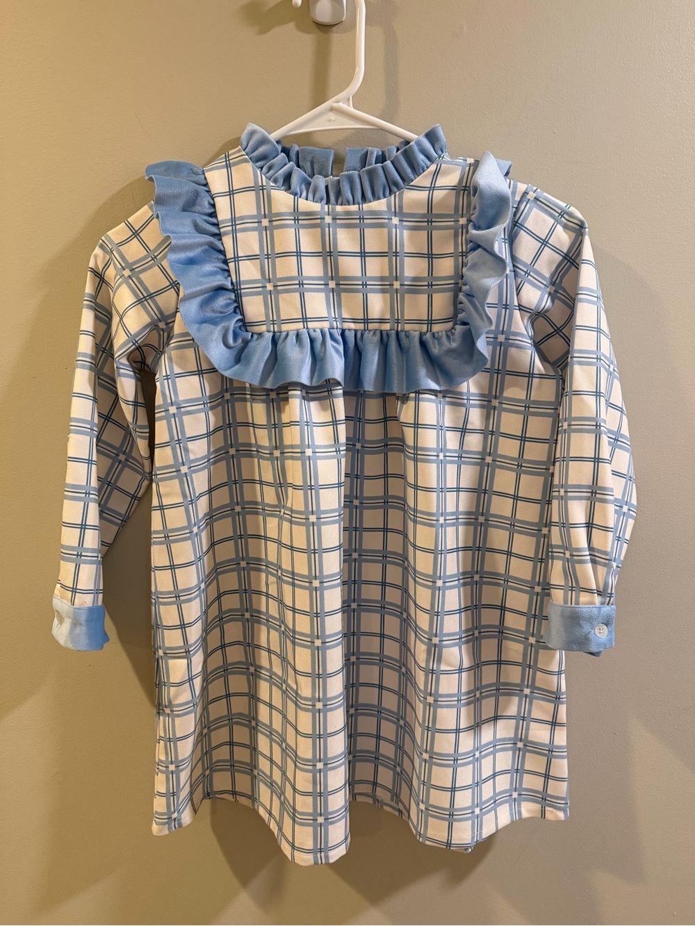 Girls Light Blue Plaid Ruffle Yoke Dress